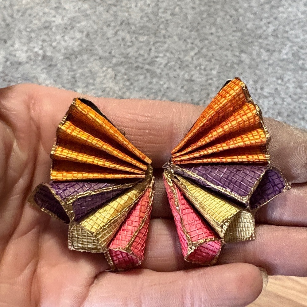 DOMA VINTAGE HANDMADE COLORFUL CINCHED FAN POST 2.3" EARRINGS